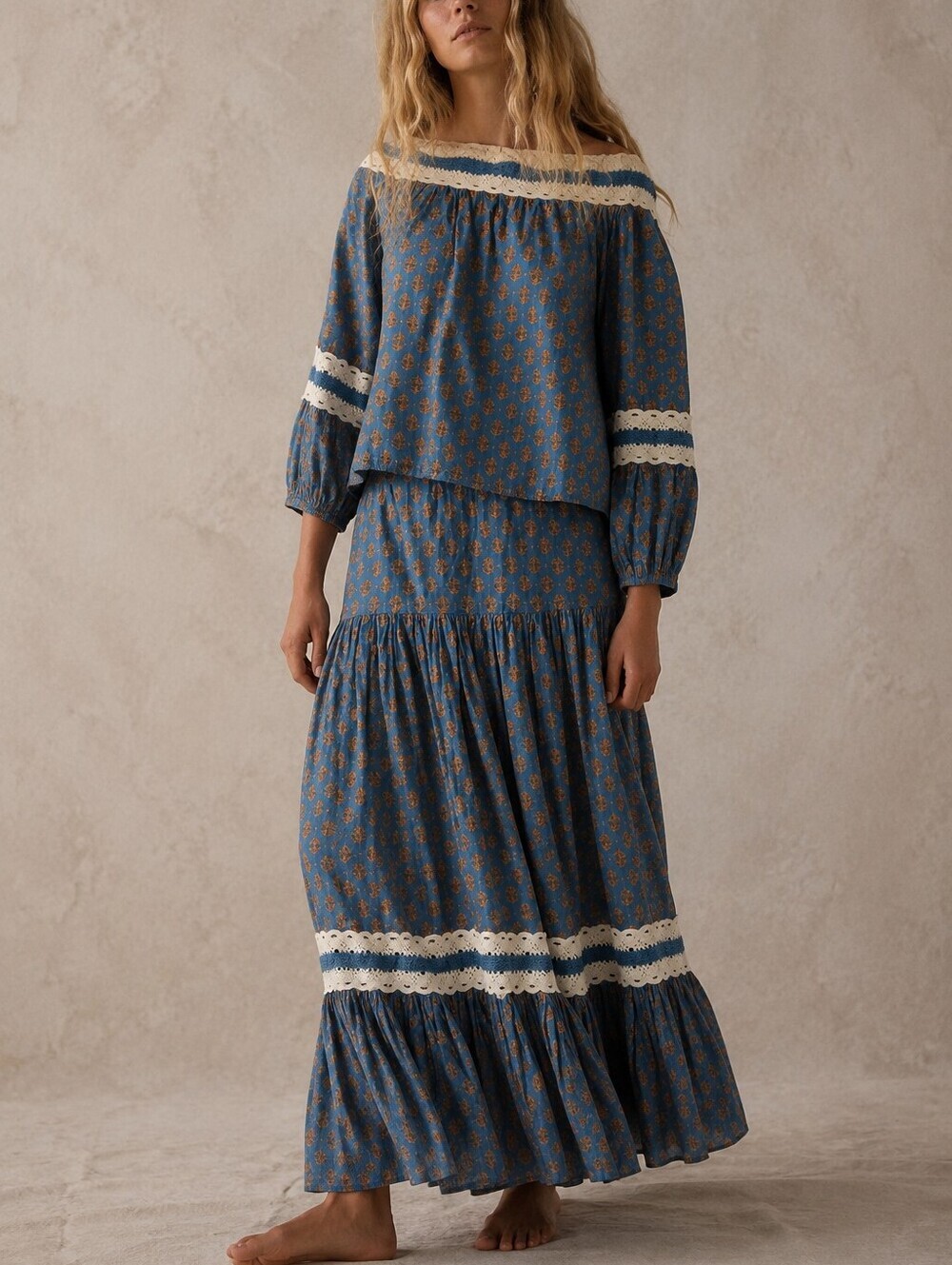 Luna Moon Boho Blue Floral Maxi Skirt Set with Lace Trim M/L